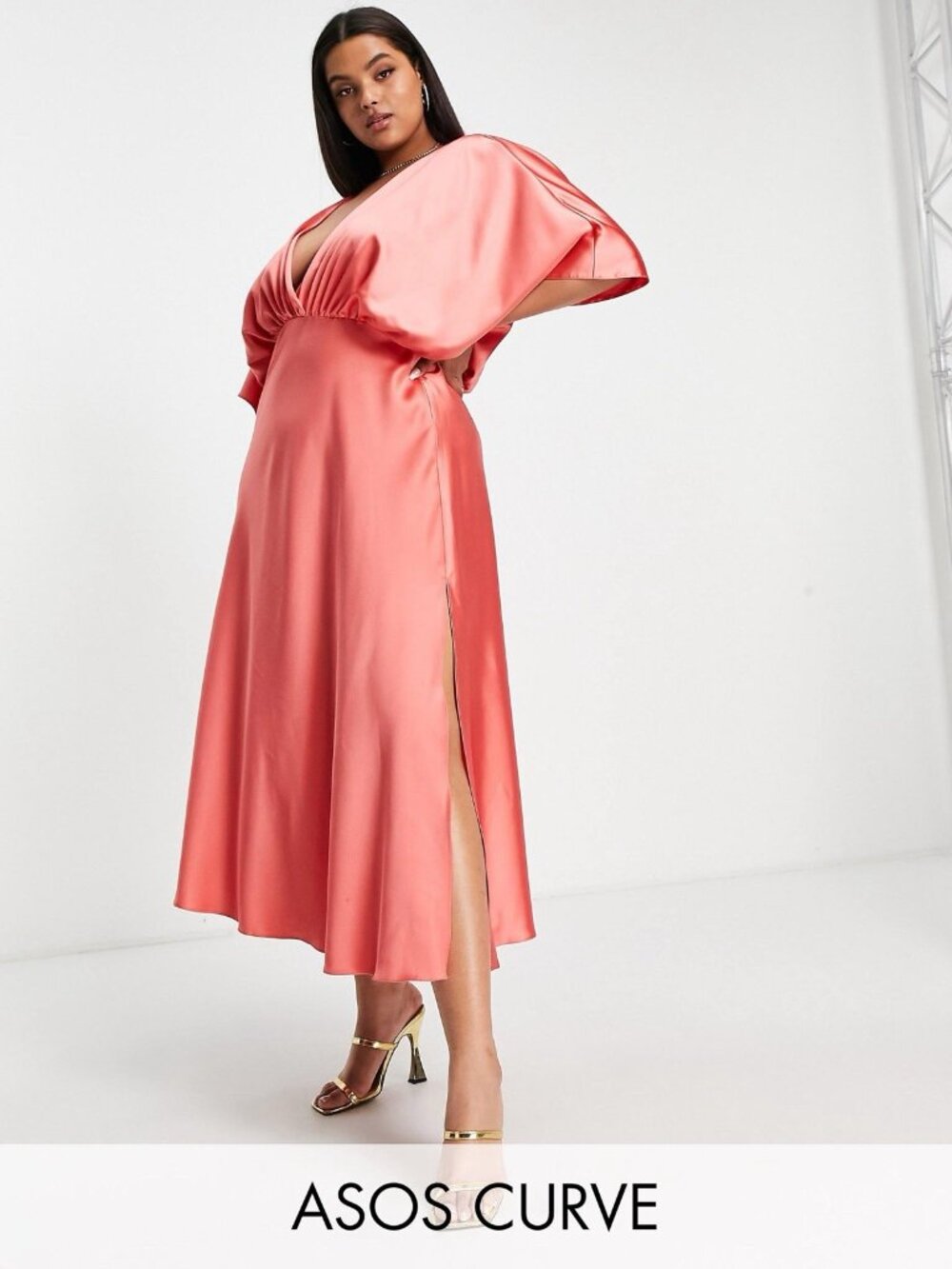 ASOS DESIGN Curve Size US 16 Coral wrap front batwing sleeve satin midi dress - Picture 3 of 16